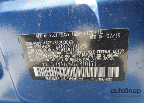 2016 Subaru Wrx Limited из США, поврежденный, VIN JF1VA1L64G9810171